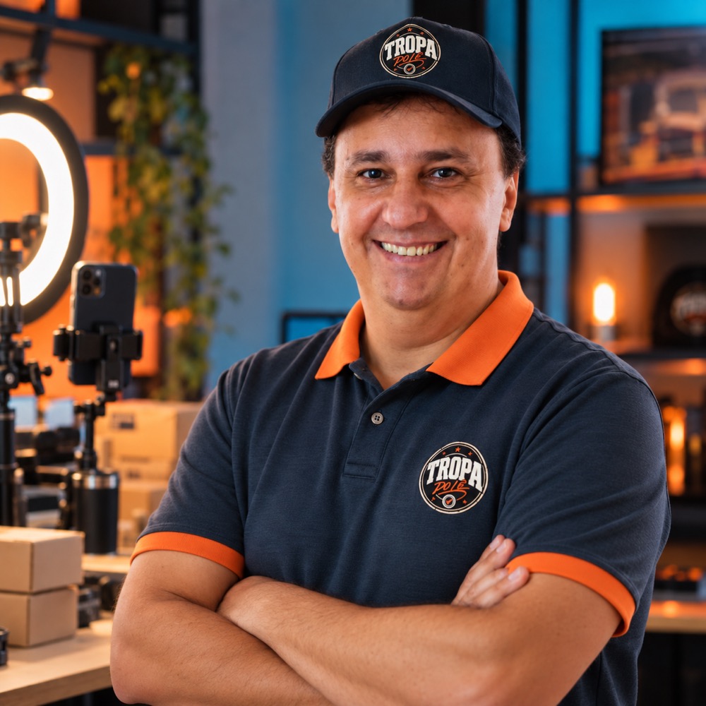 O Lê, o Leandro, líder da Tropa do Lê, de boné e camisa da Tropa no estúdio dele
